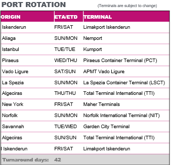 East Mediterranean America (EMA) Service Revised Schedule and Ports Served