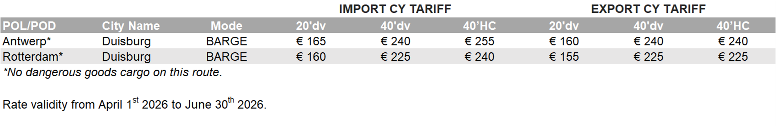 GERMANY (WEST PORTS) - 2026 Q2 CY Tariff